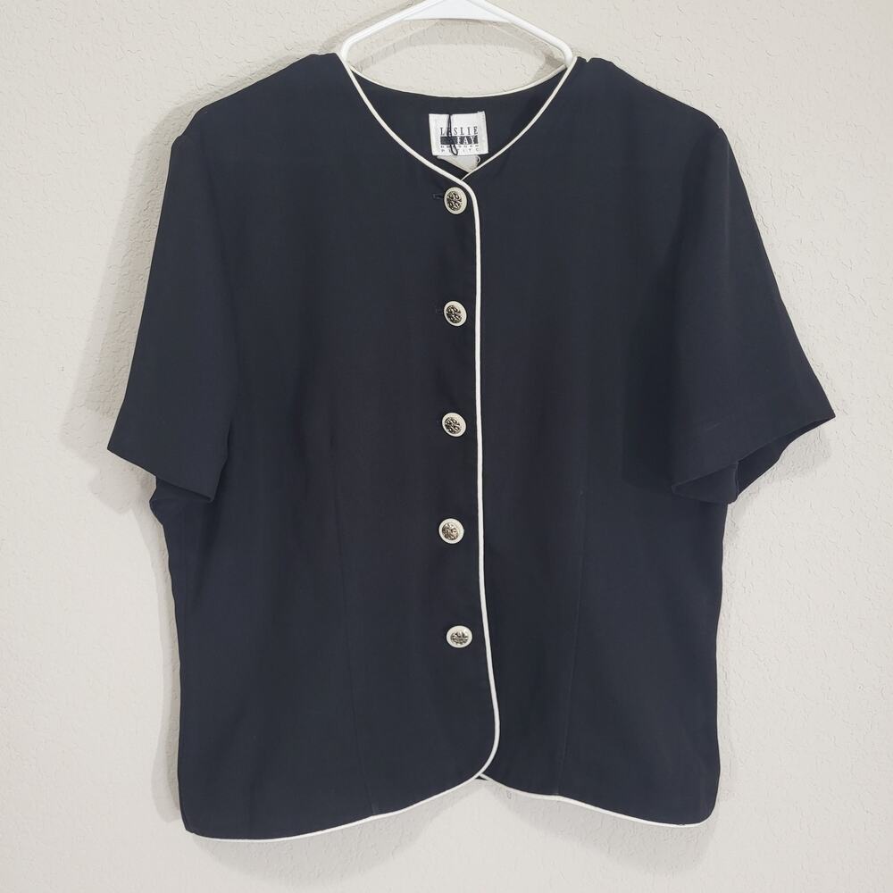 Vintage Short Sleeve Blazer Leslie Fay Jacket Women Large Petite Navy Blue 90s